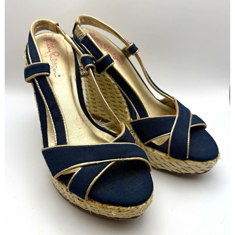 Lilly Pulitzer Women's Ashley Navy Blue Gold Canvas Espadrille Wedges Size 6M